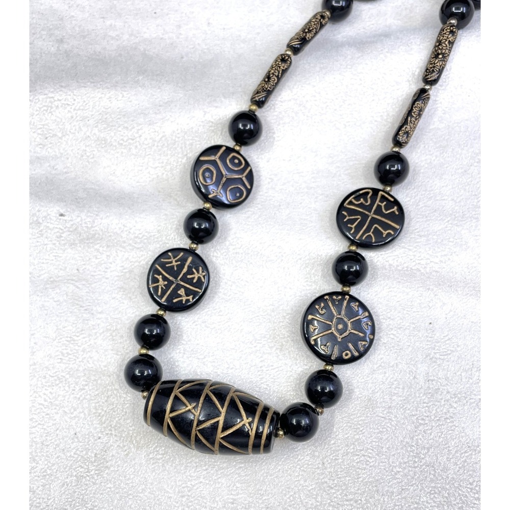 Vintage‎ Black Gold Etched Coin Bead Necklace Egyptian Revival Tribal Chevron